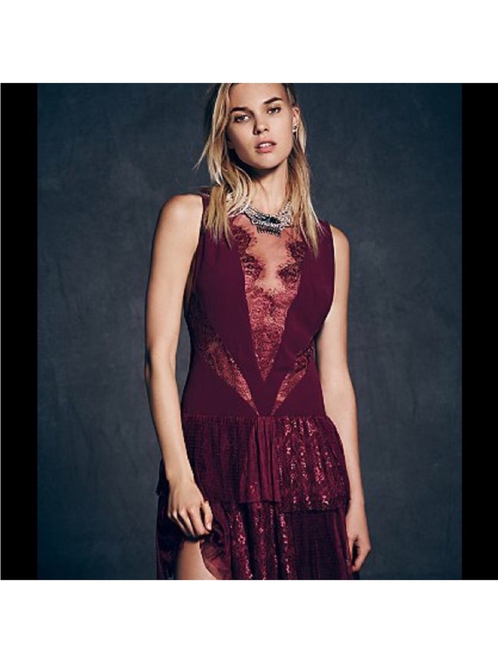 Free People One-Shoulder Burgundy Lace Panel Dress